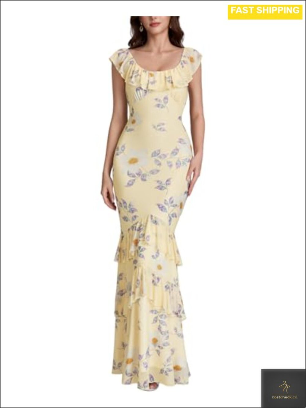 Women's Floral Ruffle Mesh Formal Wedding Guest Dress Sleeveless